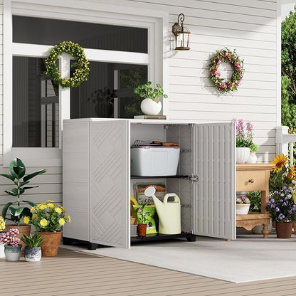 HOMSPARK Indoor/Outdoor Storage Cabinet with Doors, 34”x15”x34” HDPE Plastic Storage Box for Bedroom, Bathroom, Living Room, Balcony, Multi-Purpose for Daily Tools, White