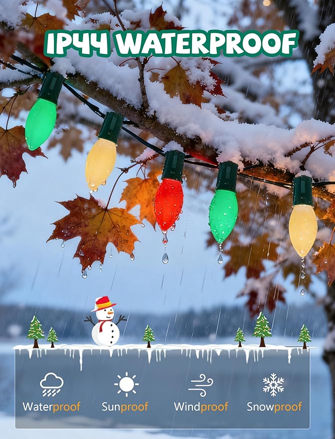 C9 LED Christmas Lights Outdoor, 25Ft Outdoor Christmas Decorations String Lights with 26 C9 LED Red White Green Bulbs, Hanging Vintage Christmas Light for Garden Party Porch Pathway Roofline