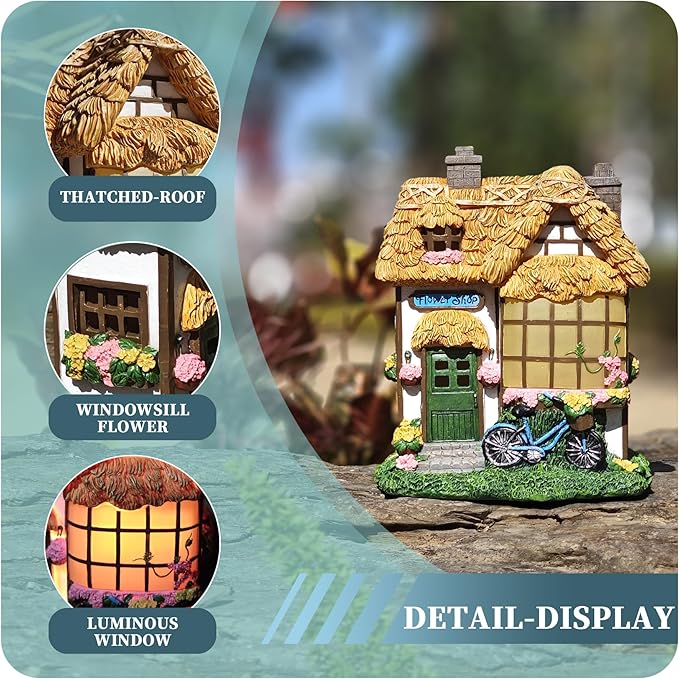 Rustic Thatched Flower Shop Resin Cottage – Fairy House Garden Statues Outdoor, Solar-Powered Warm Lights,Weatherproof, Spring Vines & Bicycle Décor,Perfect Home Gifts for Mom Wife Grandma