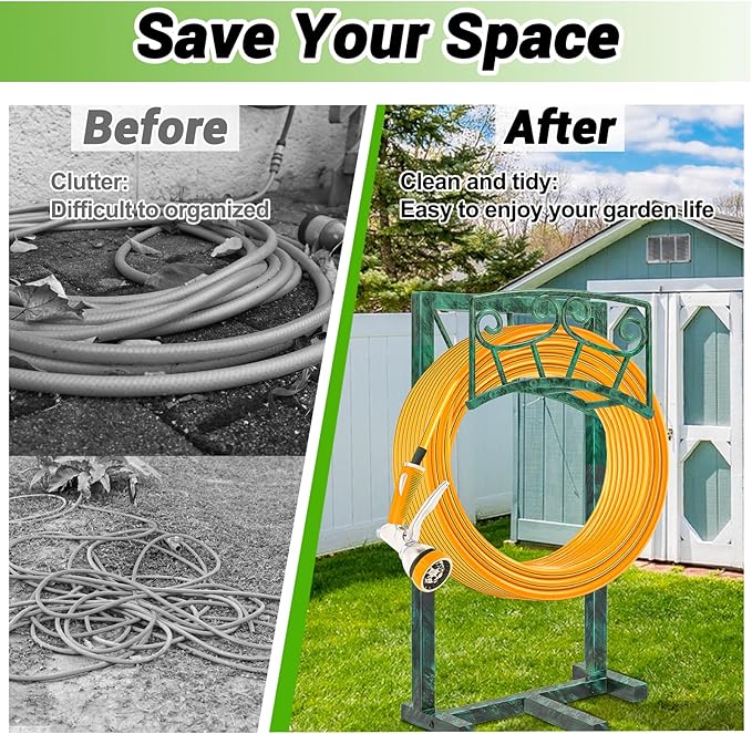 Garden Hose Holder, Heavy Duty Metal Water Hose Holders Hose Stand with 5 Spikes, Freestanding Hose Storage Rack Hose Hanger Holds 150ft Hose for Outside Yard Lawn Garden Decor (Retro Green)