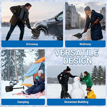 Snow Shovel & Ice Scraper Set – 32in Collapsible Snow Shovel with Folding Aluminum Shaft, Compact Heavy Duty 75lb Shovel + Silicone Ice Scraper with EVA Handle for Car, Travel & Outdoor Winter Use