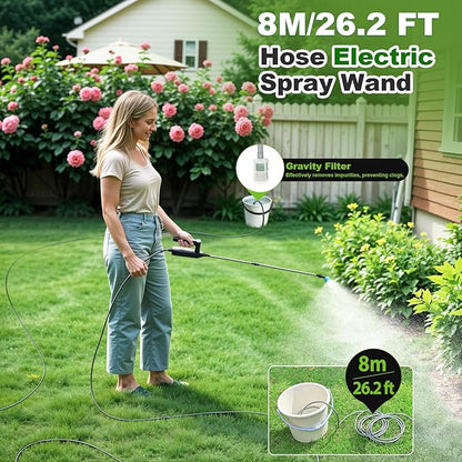 Battery Powered Sprayer Wand, 32 Inch Garden Sprayer Telescopic Wand with 3 Adjustable Speeds, Battery Indicator, 26.2 FT Hose, 7.4V Rechargeable Water Sprayer Wand with 4 Adjustable Nozzles & Filter