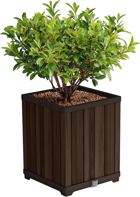 Keter Signature 21.6 Inch Tall Square Large Wood Look Planter for Indoor or Outdoor Flower Pot Ideal for Patio Deck and Front Porch Decor, Rosewood