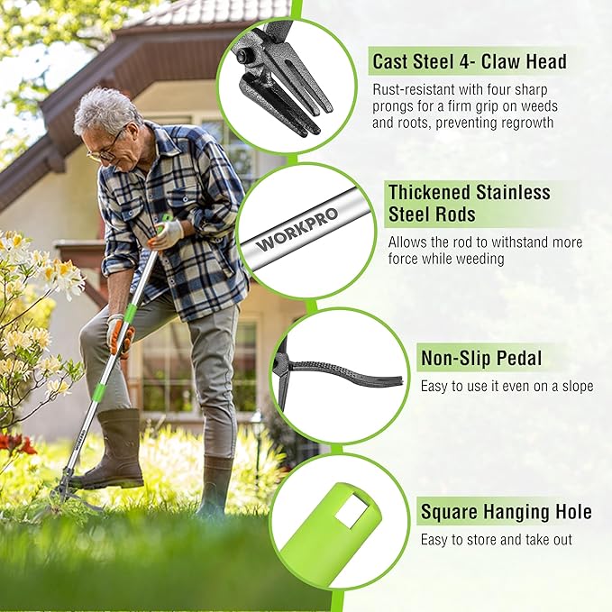 WORKPRO Weed Puller Tool with Long Adjustable Handle (33", 46"), Stand Up Heavy Duty Weed Remover- 4 Claw Steel Head & Foot Pedal for Easy Weeding, Detachable Dandelion Picker for Lawn/Yard/Garden