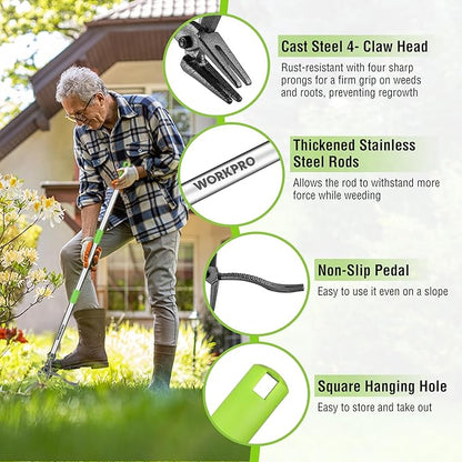 WORKPRO Weed Puller Tool with Long Adjustable Handle (33", 46"), Stand Up Heavy Duty Weed Remover- 4 Claw Steel Head & Foot Pedal for Easy Weeding, Detachable Dandelion Picker for Lawn/Yard/Garden