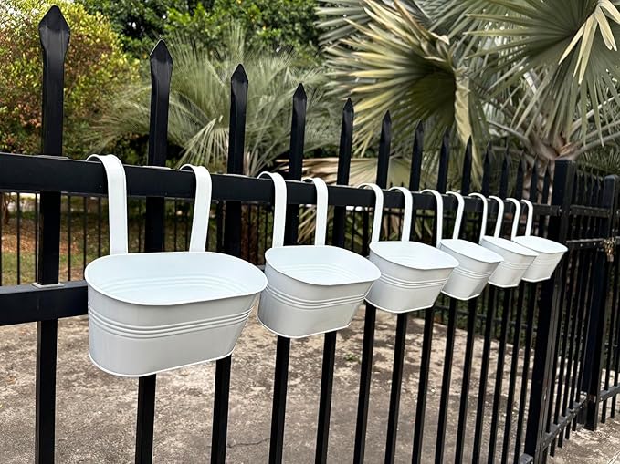 10" Hanging Flower Pots, Pack of 8 White Metal Outdoor Patio Balcony Planter, Railing Planters Fence Pot with Detachable Hook & Drainage Hole for Small Plants (White, 8Pcs)