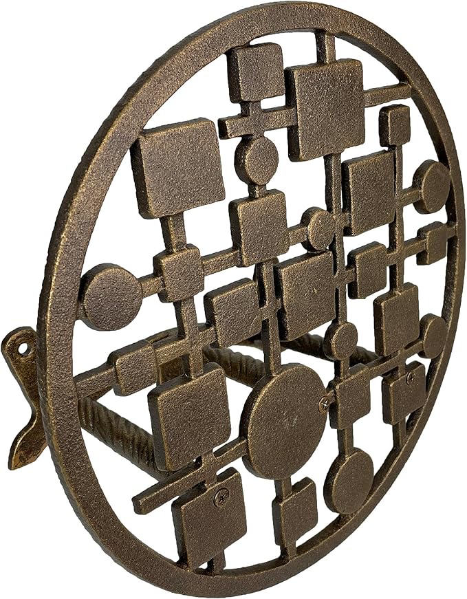 Mid-Century Modern Cast Iron Circles & Squares Hose Holder – Bronze Finish, Wall-Mounted, Weather Resistant, Durable Outdoor Storage, 11.75 Inch Diameter