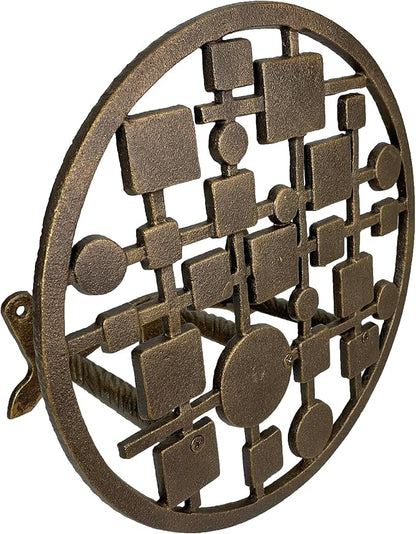 Mid-Century Modern Cast Iron Circles & Squares Hose Holder – Bronze Finish, Wall-Mounted, Weather Resistant, Durable Outdoor Storage, 11.75 Inch Diameter