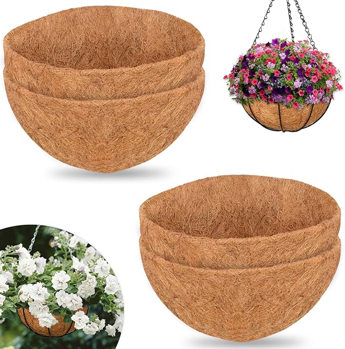 ZeeDix 4Pcs 14 Inch Coconut Liners for Planters, Round Hanging Basket Liners 100% Natural Coco Coir Basket Coco Replacement Liners for Hanging Basket Planters Flowers Vegetables(14in-4pcs)