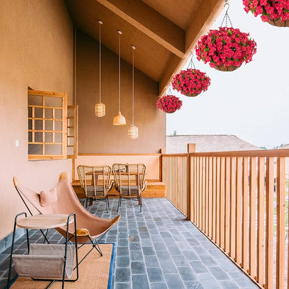 Artificial Hanging Flower Plants with Basket for Outdoor Decoration, Faux Petunias Flowers Fake Morning Glory Planter for Outside Patio Garden Porch Balcony Yard Decor(Red)