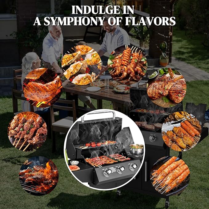 ROVSUN 3-Burner Propane Gas BBQ Grill with Side Burner & Enameled Cast Iron Grates, 46,000 BTU Barbecue Grill with Wheels for Outdoor Patio Backyard Cooking Grilling, Black