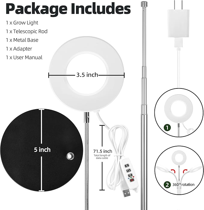Grow Light Full Spectrum Plant Grow Lights with Detachable Base 48 LED Plant Light Desk Grow Lamp for Indoor Plants Growing Lamps (White, 1)