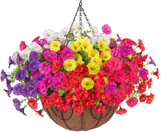 Artificial Faux Hanging Plants Flowers for Outdoors Baskets Spring Outside Decor, Fake Silk Morning Glory in Planter Look Real UV Resistant Outdoor Flowers for Porch Patio Balcony Garden Yard Home