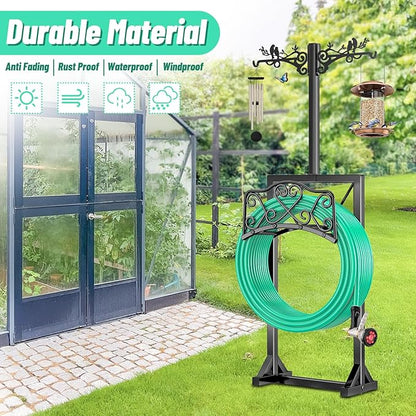Garden Hose Holder, Freedstanding Heavy Duty Garden Water Hose Holder Stand with 2 Shepherds Hooks, Detachable Metal Hose Storage Hanger Rack for Outside Yard Lawn Farm