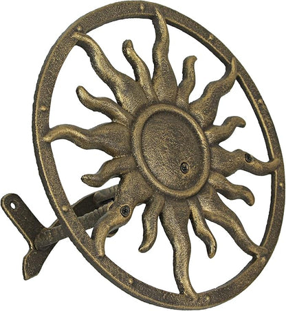 Bronze Finish Cast Iron Sun Wall Mounted Hanging Garden Hose Hanger Celestial Outdoor Decor - Weather Resistant - Easy Install Hose Holder - 11.5 Inches in Diameter