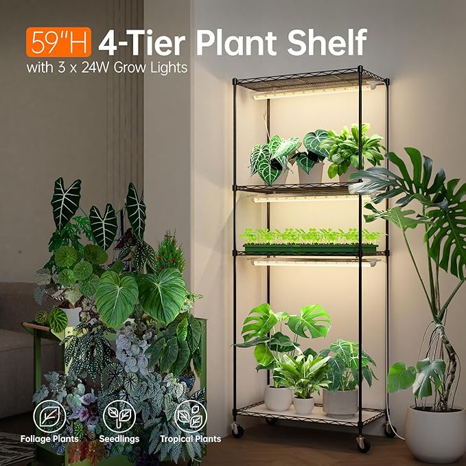 Bstrip Plant Shelf with Grow Light with Timer, Plant Stand with Adjustable Rack and Wheels, 3 Pack 72W T8 2FT Full Spectrum Grow Lights for Indoor Plants, Seed Starting, Seed Tray, 23.5"x13.8"x59"