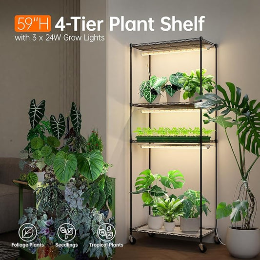 Bstrip Plant Shelf with Grow Light with Timer, Plant Stand with Adjustable Rack and Wheels, 3 Pack 72W T8 2FT Full Spectrum Grow Lights for Indoor Plants, Seed Starting, Seed Tray, 23.5"x13.8"x59"