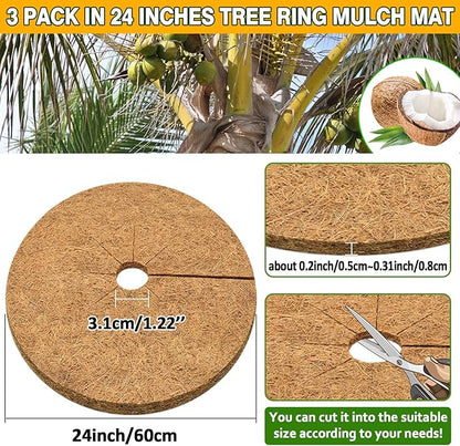 ZeeDix 3 Pack Coconut Fiber Mulch Ring, 24 Inch Coco Coir Tree Ring Mulch Mat, 100% Natural Tree Protector Mat Plant Cover Ring Coconut Coir Discs Tree Mats Mulch Rings for Indoor Outdoor Trees Plants