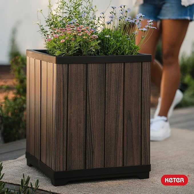 Keter Signature 21.6 Inch Tall Square Large Wood Look Planter for Indoor or Outdoor Flower Pot Ideal for Patio Deck and Front Porch Decor, Rosewood