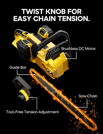 DeForce 16" 40V Cordless Electric Chainsaw, for DeWalt 20V Max Batteries, Brushless Battery Powered Chain Saw, with Auto Oiler, Handheld Chainsaw for Wood Cutting Tree Pruning(Bare Tool Only)