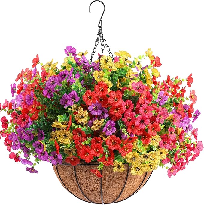 Hananona 2 Set Artificial Outdoor Flowers with Hanging Basket, 2 Hanging Planters with 24 Pcs Flowers for Spring Summer Front Porch Garden Patio Home Decor (2, Red, Purple, Yellow, Rose Red)