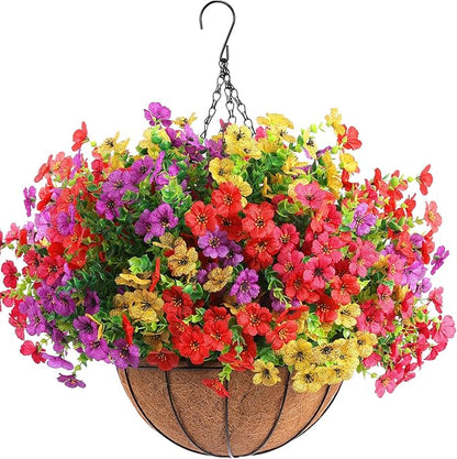 Hananona 2 Set Artificial Outdoor Flowers with Hanging Basket, 2 Hanging Planters with 24 Pcs Flowers for Spring Summer Front Porch Garden Patio Home Decor (2, Red, Purple, Yellow, Rose Red)