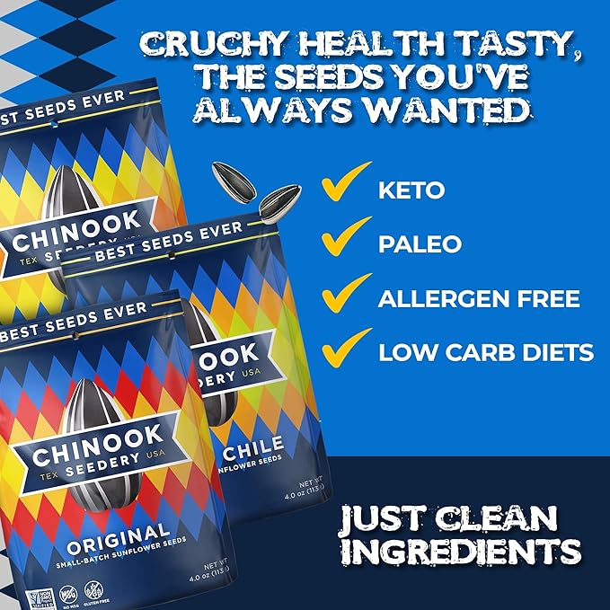 Chinook Seedery Roasted Sunflower Seeds - Jumbo Seeds Keto Snacks - Best For Snack Packs - Gluten Free, Non GMO Snack Food Gifts - 4 Ounce (Pack of 3) - Chinook Faves Variety Pack