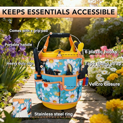 KUNN 5 Gallon Bucket Organizer 18-Pocket Tool Bag with Hangable Handle | Heavy-Duty Garden Caddy & Bucket Accessory for Gardening Tools, Orange