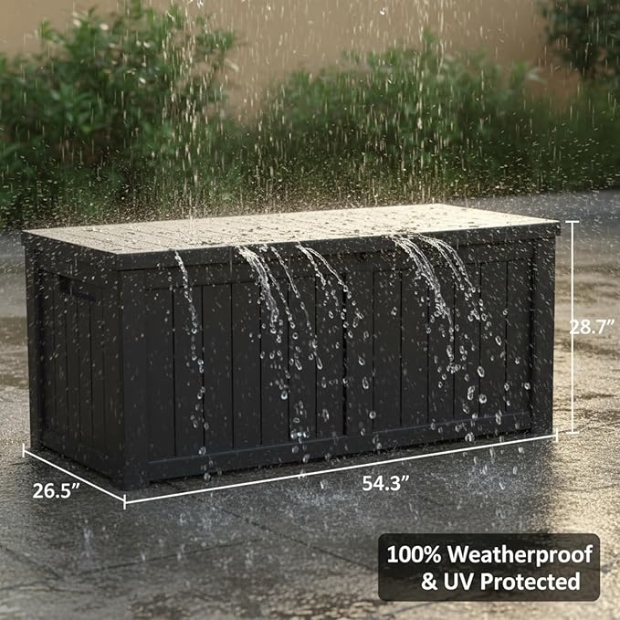 150 Gallon Resin Deck Box with Lockable Lid - Outdoor Waterproof Storage for Patio Furniture, Garden Tools, Cushions & Pool Accessories, Wood Grain Design, Easy Assembly