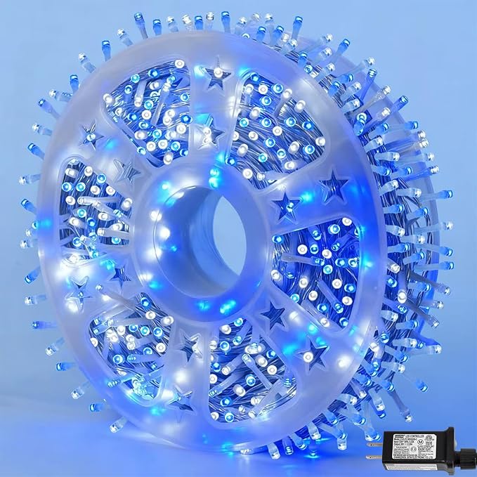 YEGUO 165ft 500 LED Blue and White Christmas Lights Outdoor Waterproof, Clear Wire String Lights Indoor Plug in, 8 Modes Clear Wire Twinkle Tree Light for Xmas Party Garden