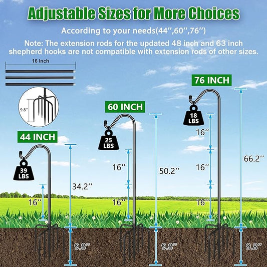 FEED GARDEN Shepards Hooks for Outdoor Bird Feeder Pole 76 Inch Adjustable Tall Heavy Duty Shepherds Hooks for Hanging Plant Baskets, Solar Lights, Wedding Decor, Lanterns, Black (2 Pack)