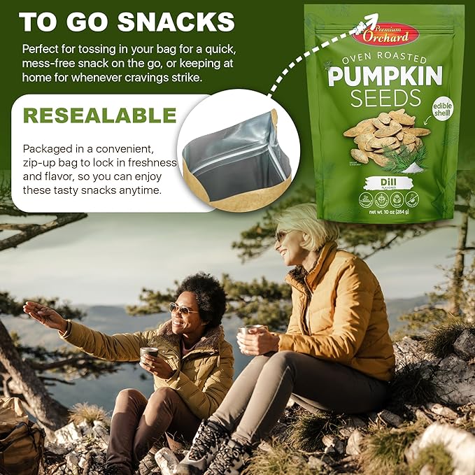 PREMIUM ORCHARD Flavored Pumpkin Seeds Oven Roasted | Dill Flavor | High Protein Snacks for Kids and Adults | Vegan Snack | Non GMO | KETO