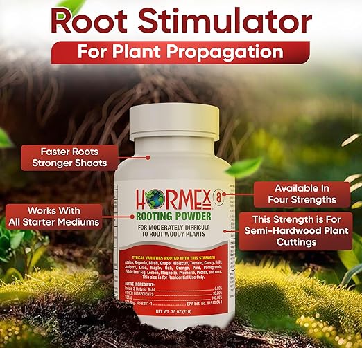 Hormex Rooting Hormone #8 - Powerful Rooting Powder for Semi-Hardwood Houseplant & Tree Cuttings | Stimulates Root Growth to Accelerate Plant Propagation (0.8% IBA)