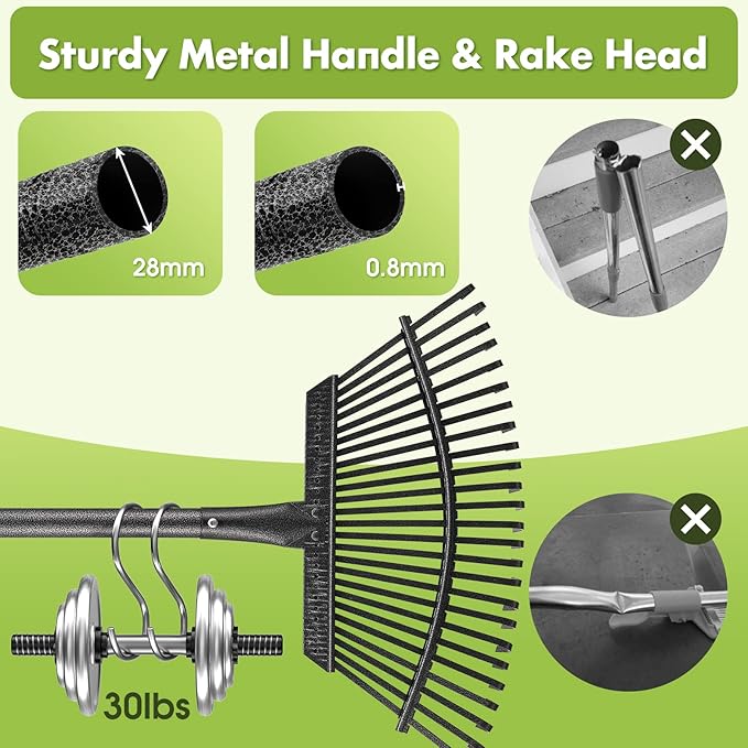 INFLATION Heavy Duty Garden Rake for Leaves for Lawns 65” Length 18” Width Adjustable 25 Tines Sturdy Metal Yard Gardening Leaf Rakes for Women Men with Smooth Comfortable Long Handle