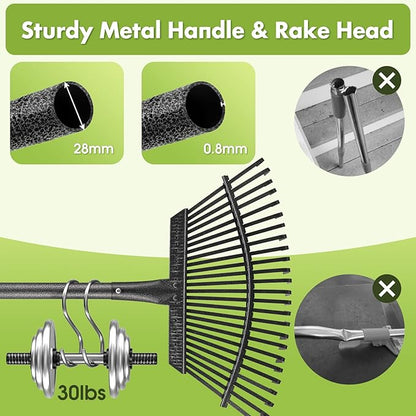 INFLATION Heavy Duty Garden Rake for Leaves for Lawns 65” Length 18” Width Adjustable 25 Tines Sturdy Metal Yard Gardening Leaf Rakes for Women Men with Smooth Comfortable Long Handle