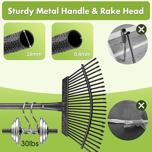 INFLATION Heavy Duty Garden Rake for Leaves for Lawns 65” Length 18” Width Adjustable 25 Tines Sturdy Metal Yard Gardening Leaf Rakes for Women Men with Smooth Comfortable Long Handle