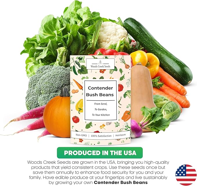Woods Creek Seeds: Contender Bush Bean Seeds for Planting - Non-GMO Green Bean Seeds for Planting - Tender Stringless Variety - USA Grown Heirloom Bush Beans Vegetable Seed for Outdoors and Indoors