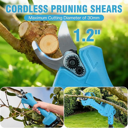 Brushless Electric Pruning Shears,15FT Telescoping Rod Pole Pruners for Tree Trimming, Electric Tree pruner Cutter with 2 * 21V 4000mAH Batteries, 1.2 Inch Cutting Diameter, with Replace Blade (Blue)