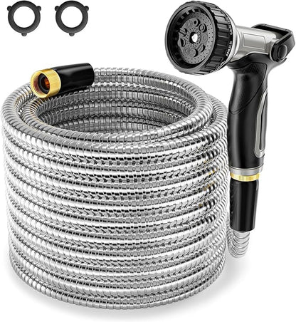 SPECILITE 1/2" 304 Stainless Steel Garden Hose, 75FT Water Pipe with Heavy Duty Metal Nozzle for Yard, Outdoor, Lawn - Flexible, Never Kink & Tangle, Puncture Resistant
