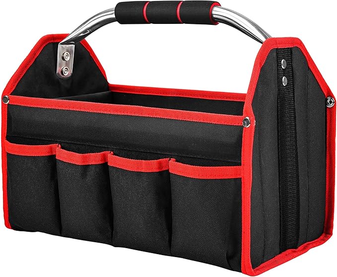 HAUTMEC 13 Inch Tool Bag, Foldable Open Top Tool Tote with Stiff Frame, 8 Pockets, Water-Resistant Molded Base & Padded Handle, Portable Electrician Tool Organizer for DIY & Jobsite Use – TB0001