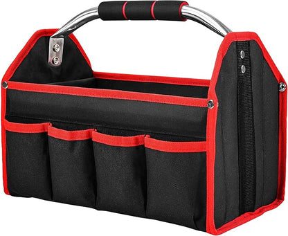 HAUTMEC 13 Inch Tool Bag, Foldable Open Top Tool Tote with Stiff Frame, 8 Pockets, Water-Resistant Molded Base & Padded Handle, Portable Electrician Tool Organizer for DIY & Jobsite Use – TB0001