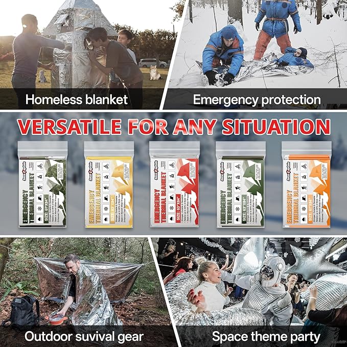 SecuCaptain Survival Emergency Thermal Blankets: 100 Pack Extra Large 84” x63” Space Mylar Blanket Kit for Outdoor Cold Winter Camping Hiking Car Bug Out Bag or First Aid