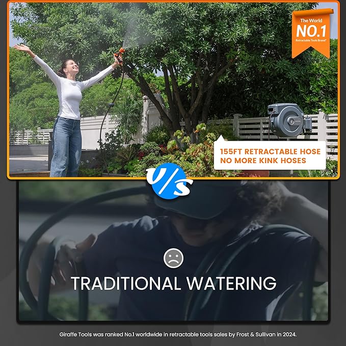 Giraffe Tools Retractable Garden Hose Reel 1/2 Inch x 155 with 5 ft Leader Hose, Heavy Duty, Any Length Lock, Slow Return System, Wall Mounted and 180 Deg Swivel Bracket