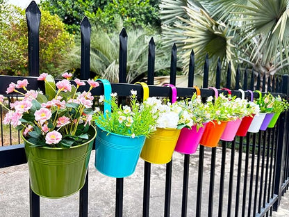 6 Inch Hanging Planters for Outdoor Plants, 10 Pack Metal Railing Planter, Rail Balcony Fence Flower Pot with Detachable Hooks, Colorful Garden Decor (Multi-Color, Pack of 10)