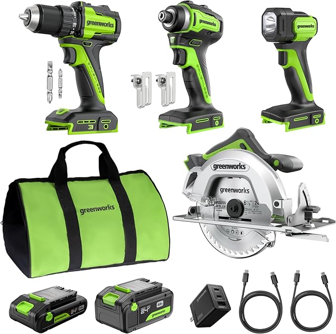 GREENWORKS 24V (4-TOOL) Combo (1/2” Drill + 1/4” Impact Driver + 6.5” Circular Saw + 200Lm Flashlight), 4.0Ah + 2.0Ah Batteries (24,000mAh Power Bank), (2) Braided Cables, 65W Rapid Charger