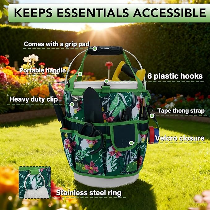 KUNN Bucket Tool Organizer 5 Gallon 18-Pocket Gardening Tool Bag with Hangable Handle | Garden Caddy & Bucket Accessory, Green