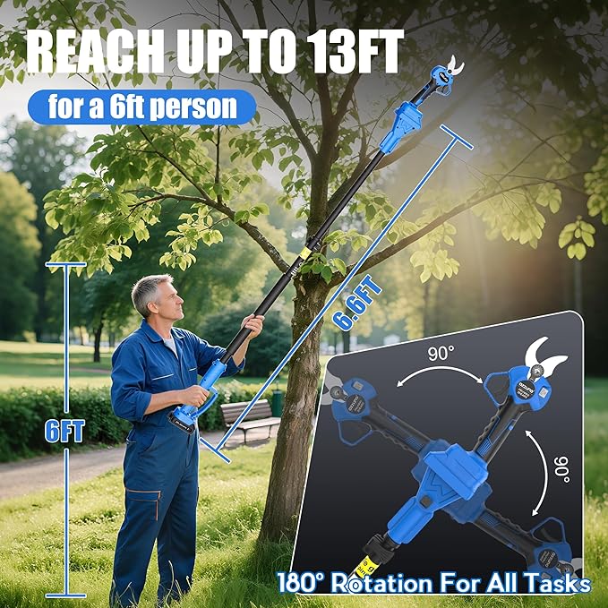 AZZUNO 20V 2-IN-1 Electric Pole Pruning Shears: 1.4 Inch Cordless Long Handle Pruner 13ft Reach, Brushless Branch Cutter with LCD Display for Tree Trimming Gardening (2Pcs 2.0Ah Batteries and Charger)