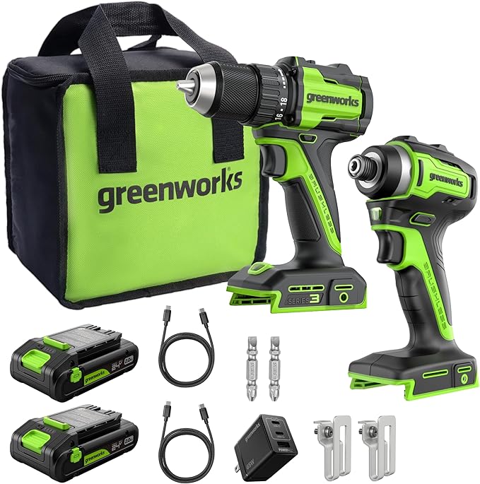 Greenworks 24V Cordless Brushless 400 in-lbs Drill/Driver+1950 in-lbs Impact Driver Combo,High Torque, Lightweight, (2) 2.0Ah USB-C Batteries(12,000mAh Power Bank) and 65W USB-C Fast Charger(3-Port)