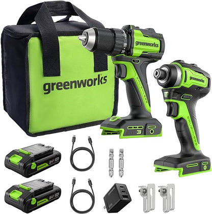 Greenworks 24V Cordless Brushless 400 in-lbs Drill/Driver+1950 in-lbs Impact Driver Combo,High Torque, Lightweight, (2) 2.0Ah USB-C Batteries(12,000mAh Power Bank) and 65W USB-C Fast Charger(3-Port)