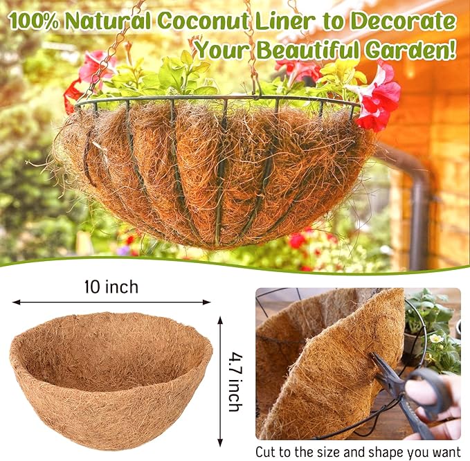 Legigo 6 Pack 10 Inch Hanging Basket Coco Liners Replacement, 100% Natural Round Coconut Coco Fiber Planter Basket Liners for Hanging Basket Flowers/Vegetables